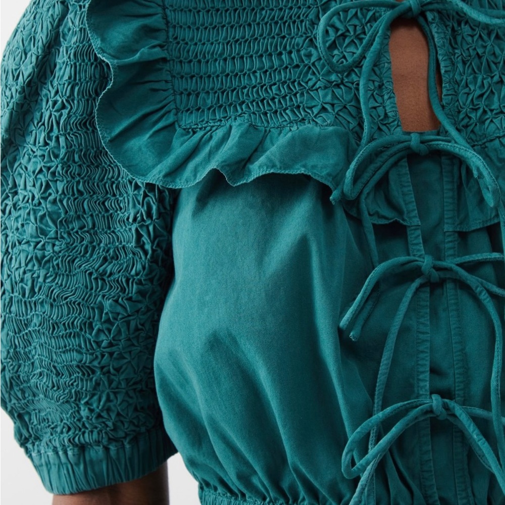Sea New York Teal Tie-Back Smocked Blouse